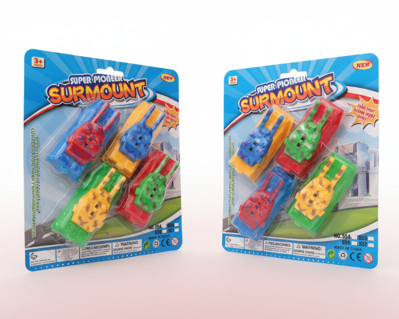 Two packages of 'Super Pioneer Surmount' toys on a wooden surface with a beige background.