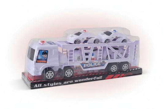 Toy police car carrier with multiple toy police cars inside, on a wooden surface.
