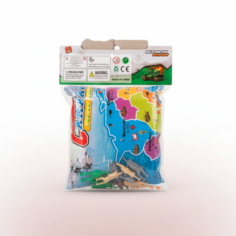 Toy packaging with a map design on a wooden surface