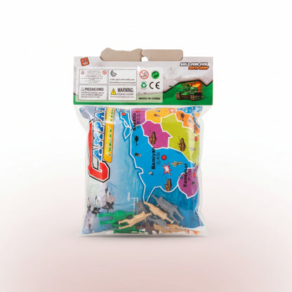 Toy packaging with a map design on a wooden surface