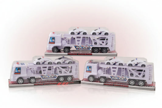 Set of toy police car transporters on a wooden surface with a neutral background