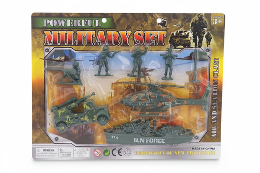Toy military set packaging with soldiers and tanks on a wooden surface