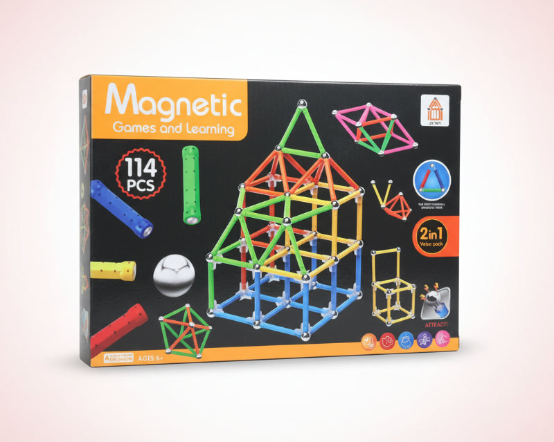Box of Magnetic Games and Learning set with colorful magnetic building sticks on a wooden surface