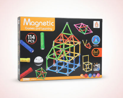 Box of Magnetic Games and Learning set with colorful magnetic building sticks on a wooden surface