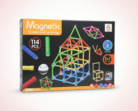 Box of Magnetic Games and Learning set with colorful magnetic building sticks on a wooden surface