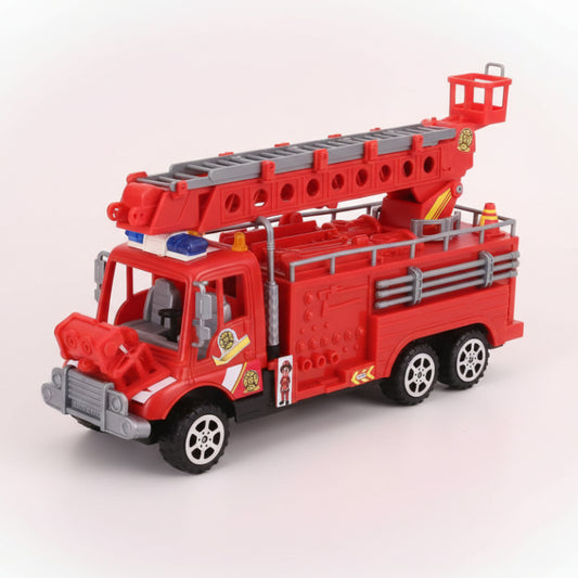 Red toy fire truck in clear packaging on a wooden surface