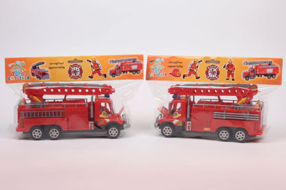 Two toy fire trucks on a wooden surface with packaging featuring fire truck graphics.