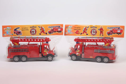 Two toy fire trucks on a wooden surface with packaging featuring fire truck graphics.