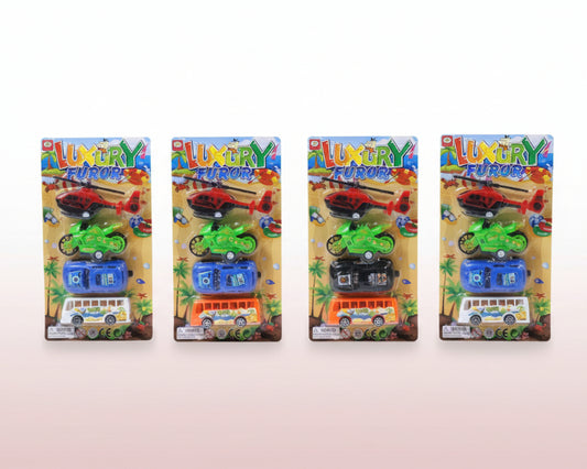 Four packages of toy vehicles labeled 'Luxury Mirror' on a wooden surface.