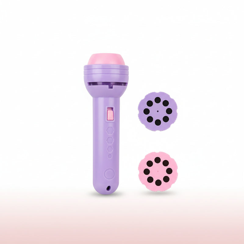 Purple flashlight with projection feature on its packaging, displayed on a wooden surface.