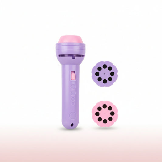 Purple flashlight with projection feature on its packaging, displayed on a wooden surface.