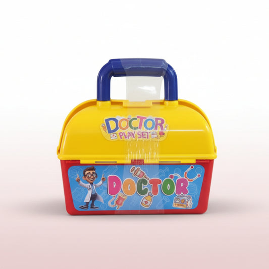 Toy doctor play set box with colorful design on a wooden surface