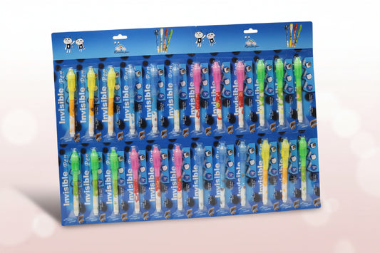 Multiple packages of Invisible Ink Pens on a blue background