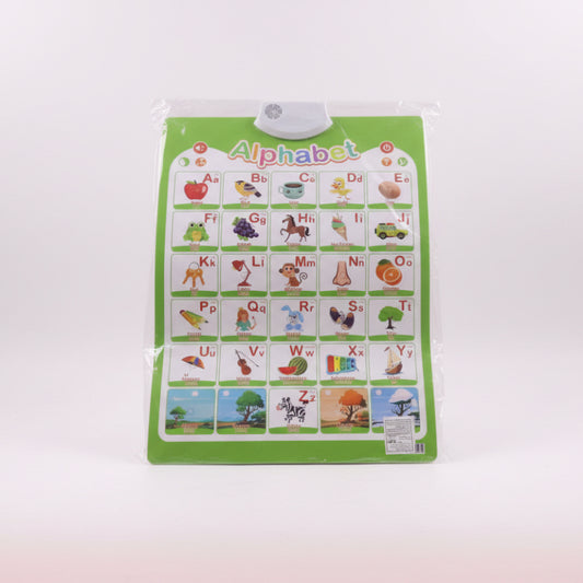 Alphabet chart with illustrations for each letter on a green background