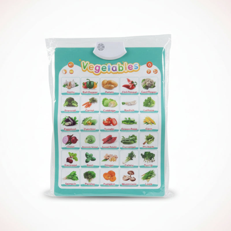Educational chart of vegetables with images and names on a light blue background