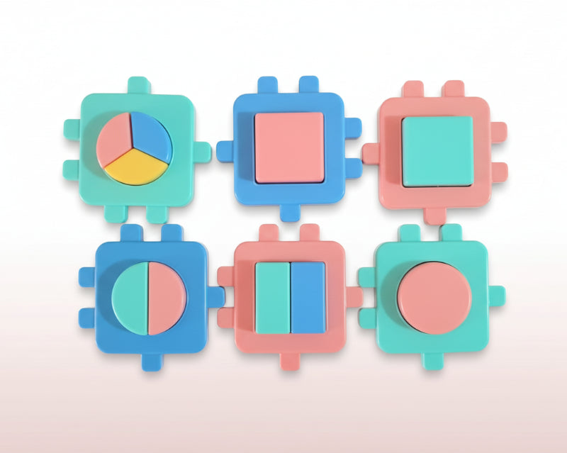 Set of colorful geometric shape puzzles on a wooden surface