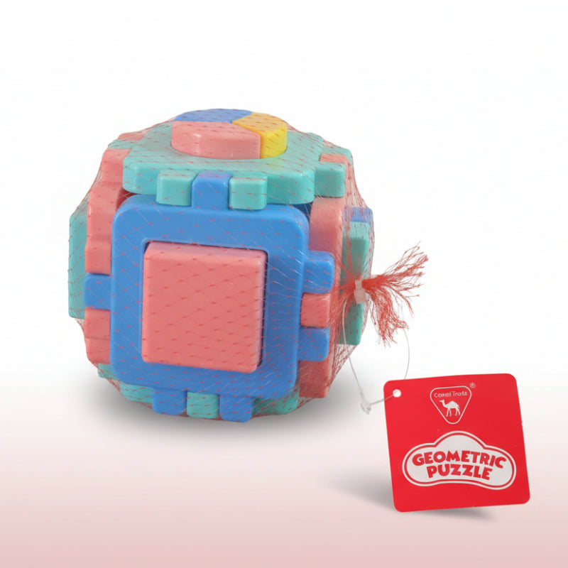 Colorful geometric puzzle on a wooden surface with a brand tag.