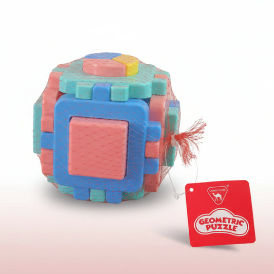 Colorful geometric puzzle on a wooden surface with a brand tag.