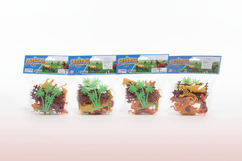 Four packages of toy animals on a wooden surface with a white background