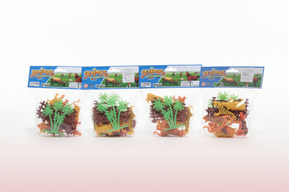 Four packages of toy animals on a wooden surface with a white background