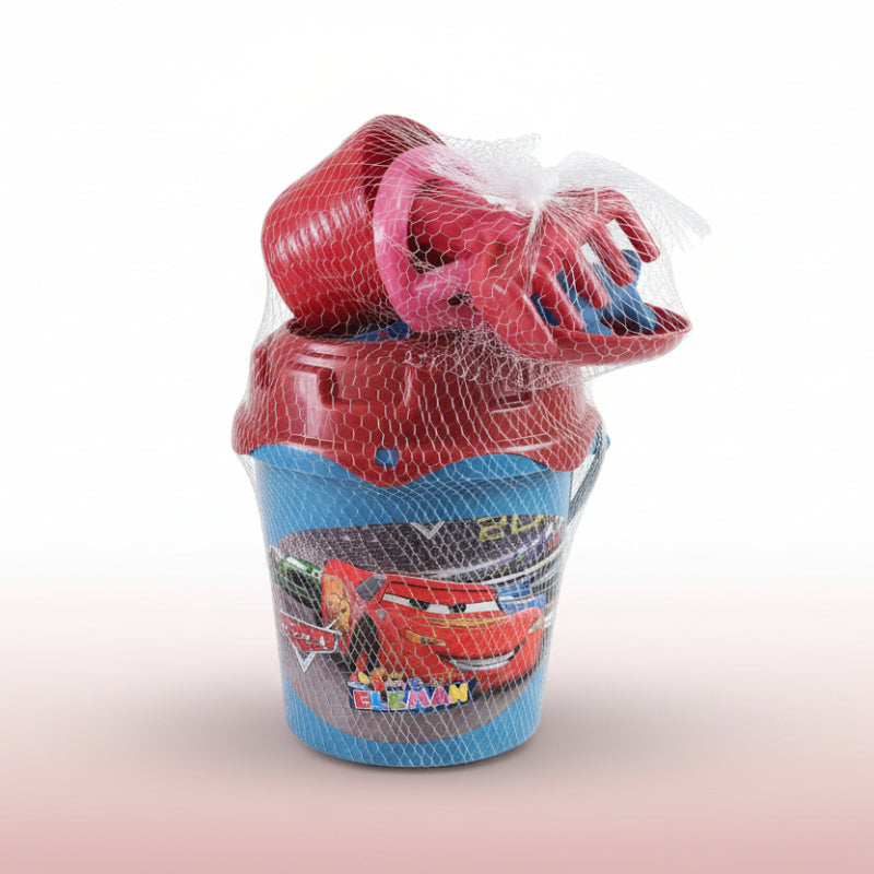 Bucket with a red car design on a wooden surface