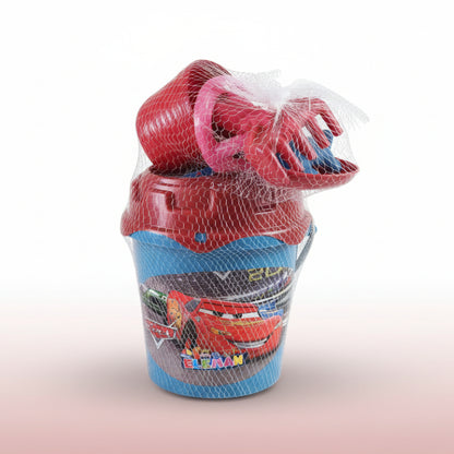 Bucket with a red car design on a wooden surface