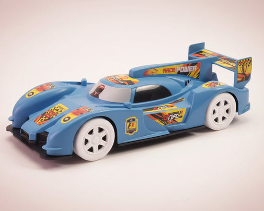 Blue toy race car in packaging on a wooden surface