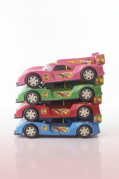 Stack of toy car carriers with cars inside on a wooden surface.