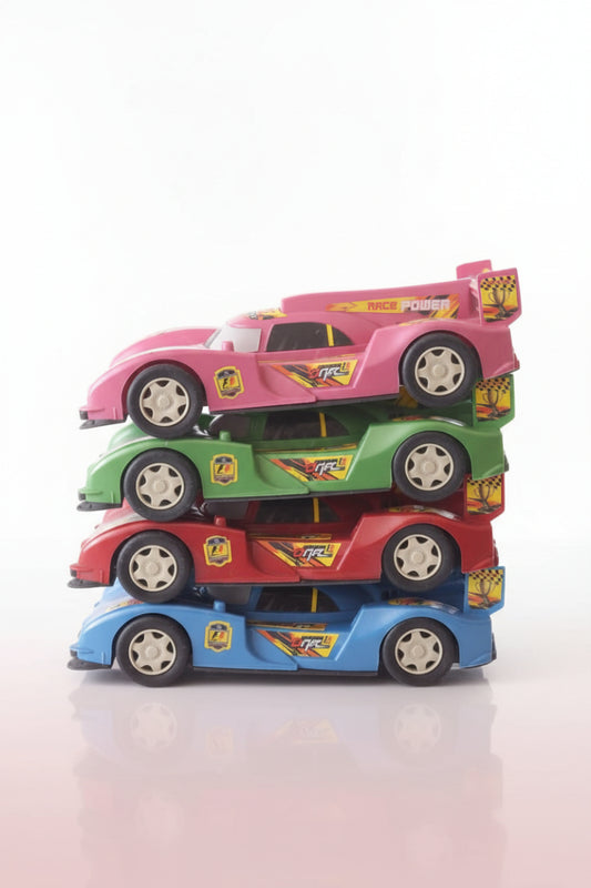 Stack of toy car carriers with cars inside on a wooden surface.