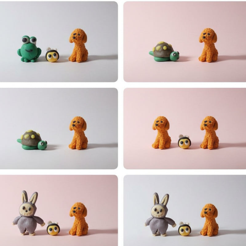 Collage of various small clay animal figurines held in hands against a colorful background.