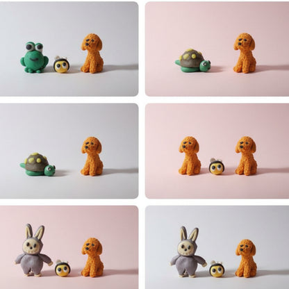 Collage of various small clay animal figurines held in hands against a colorful background.