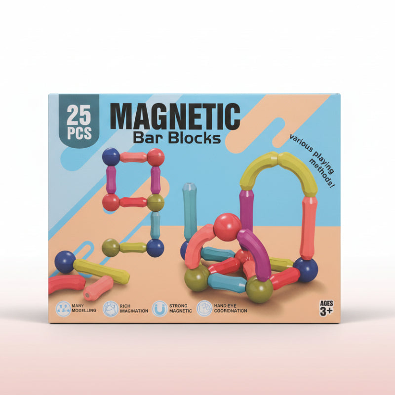 Box of magnetic bar blocks with colorful toy pieces on a blue and orange background