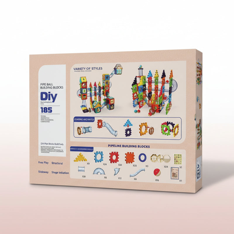Box of DIY pipe ball building blocks with colorful illustrations on a wooden surface.