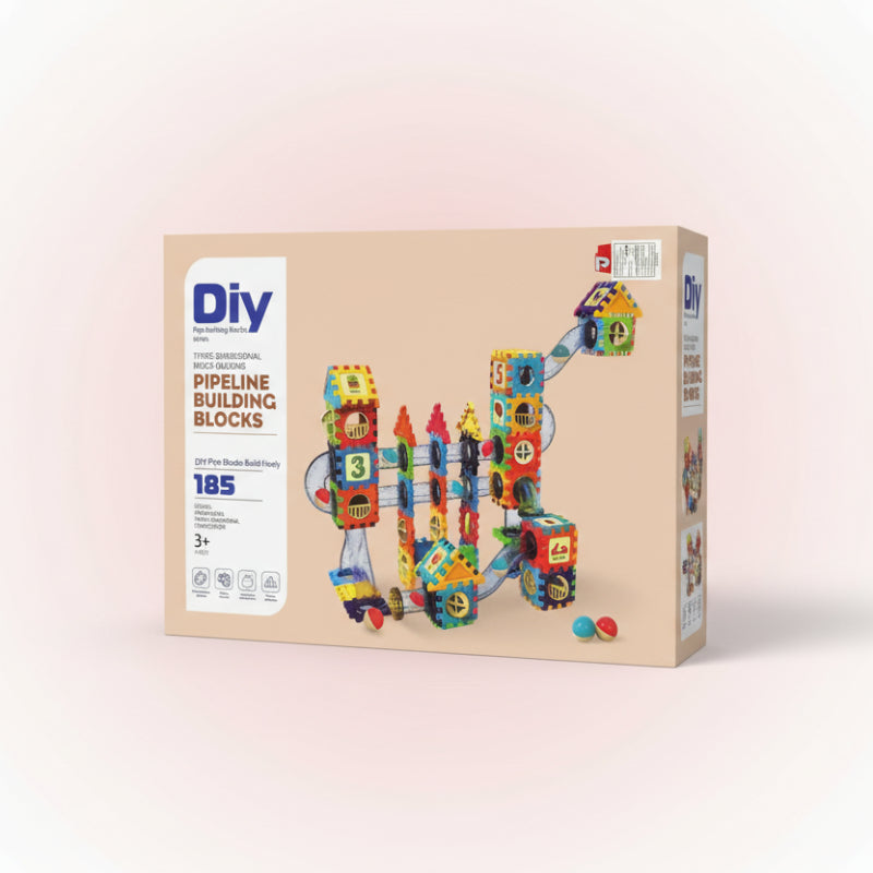 Box of DIY pipeline building blocks with colorful design on a wooden surface.