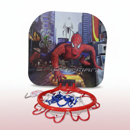 Spider-Man basketball hoop set on a wooden surface with a cityscape background