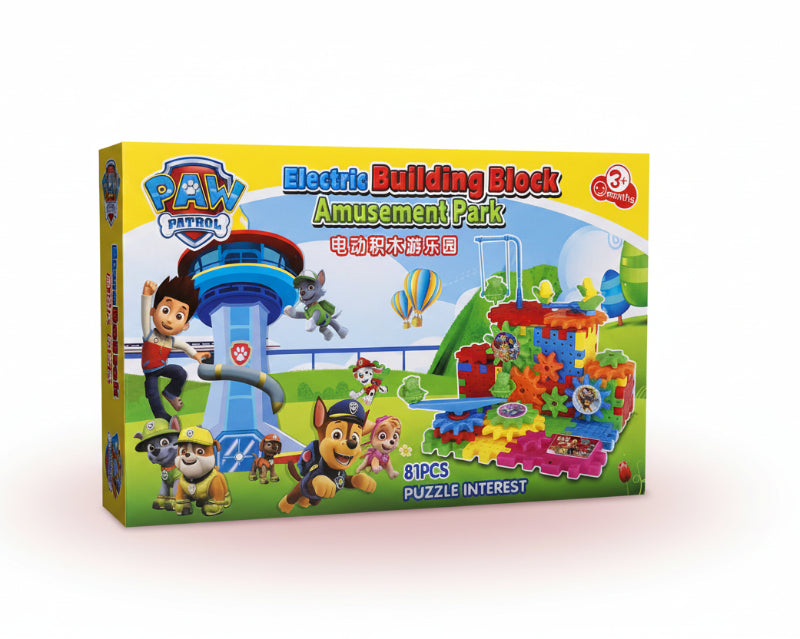 Paw Patrol electric building block amusement park set packaging on a wooden surface