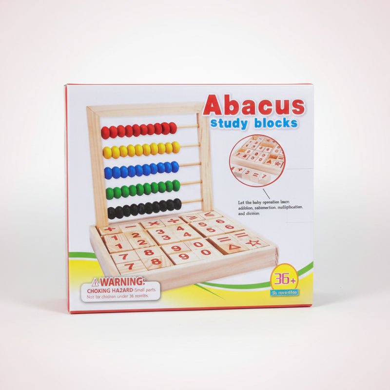 Box of Abacus study blocks with colorful beads on a wooden surface