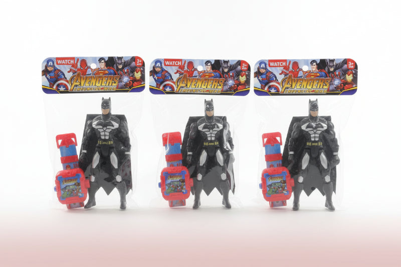 Three superhero action figures in packaging on a wooden surface with a white background