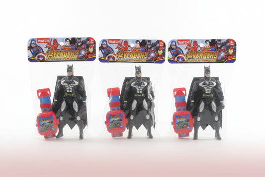 Three superhero action figures in packaging on a wooden surface with a white background