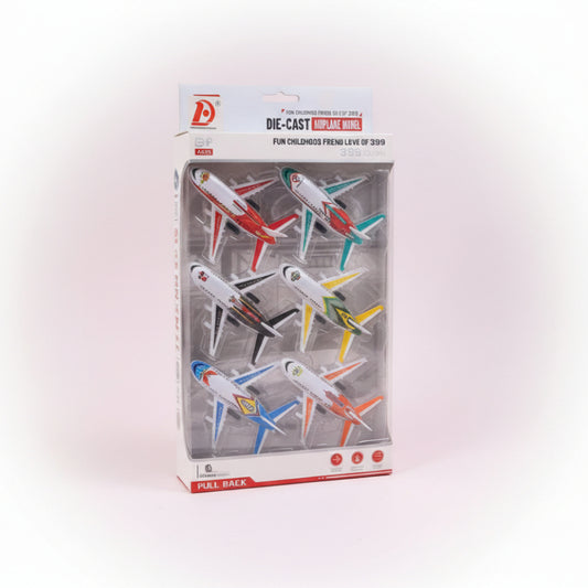 Packaged set of die-cast airplane models on a wooden surface with a plain background