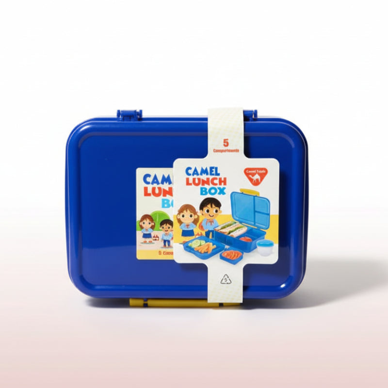 Blue lunch box with Camel branding on a wooden surface