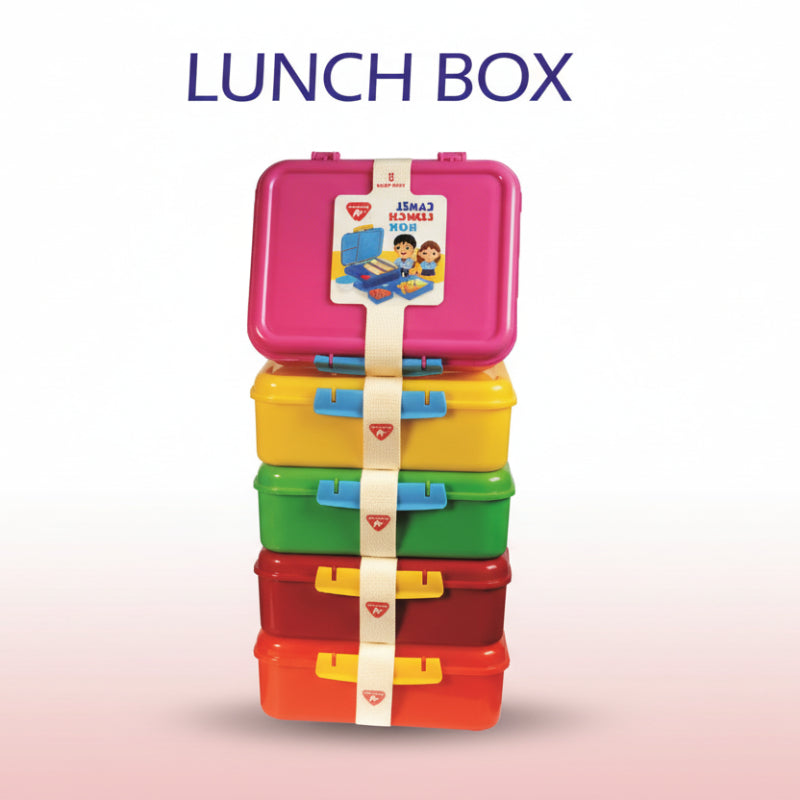 Stack of colorful lunch boxes with a pink lid on a white background