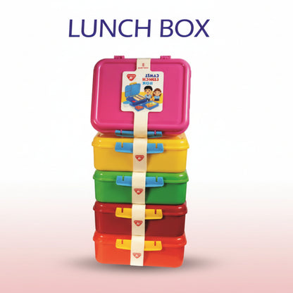 Stack of colorful lunch boxes with a pink lid on a white background
