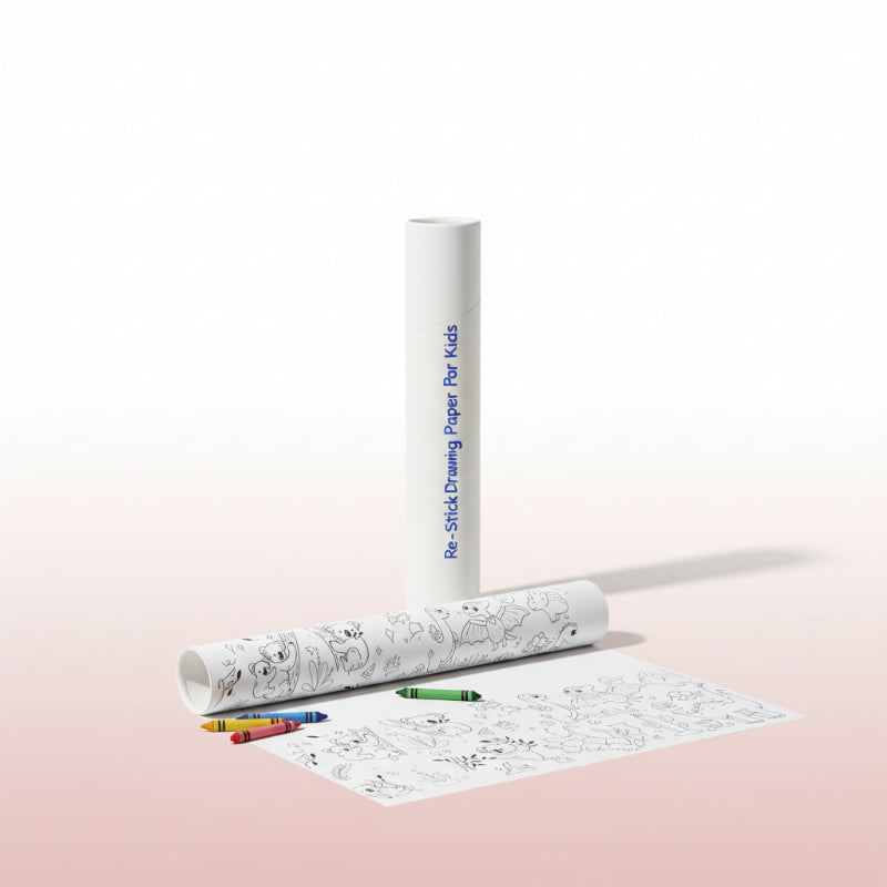 Child drawing on a large roll of re-stickable paper with various animal illustrations.