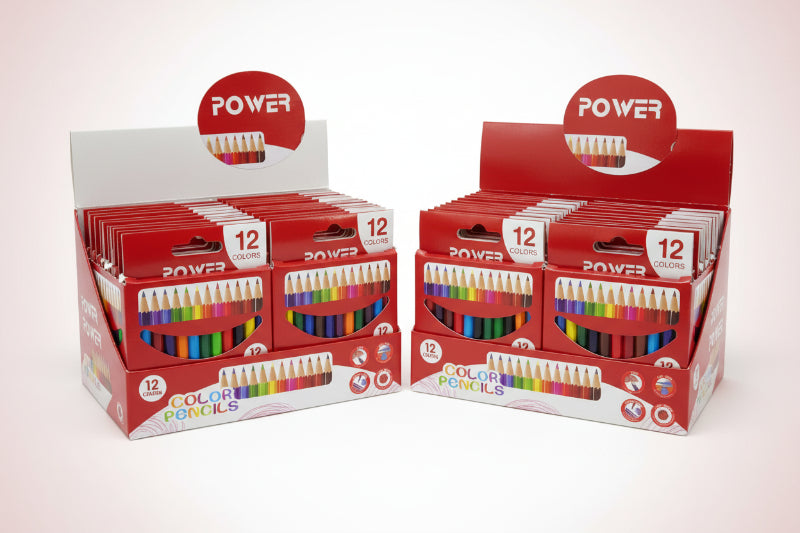 Display of Power brand color pencils in red packaging on a wooden surface.