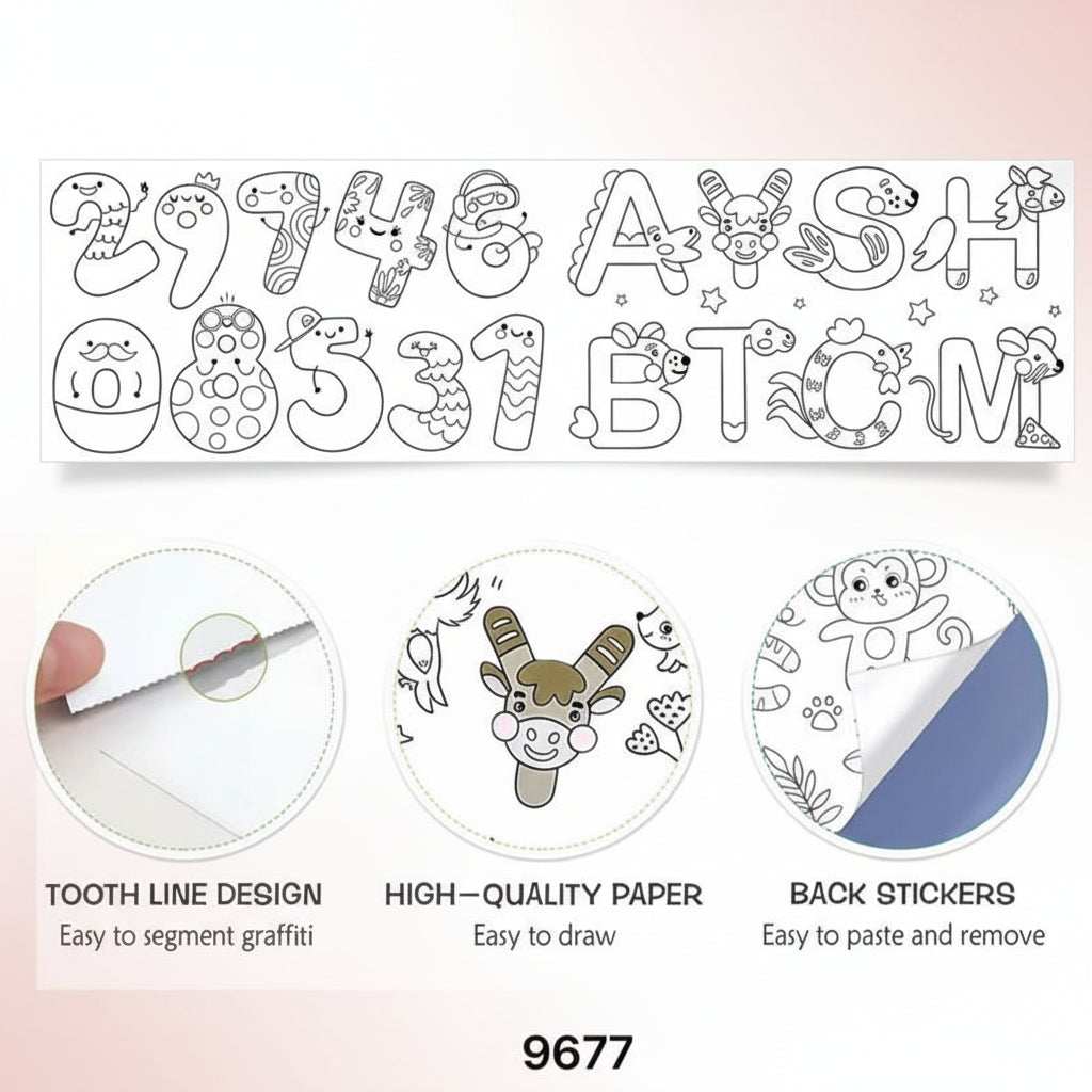 Alphabet and number stickers with illustrations, showing features like tooth line design, high-quality paper, and back stickers.