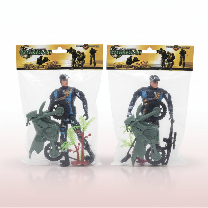 Two toy figures in packaging with a visible brand logo on a wooden surface.