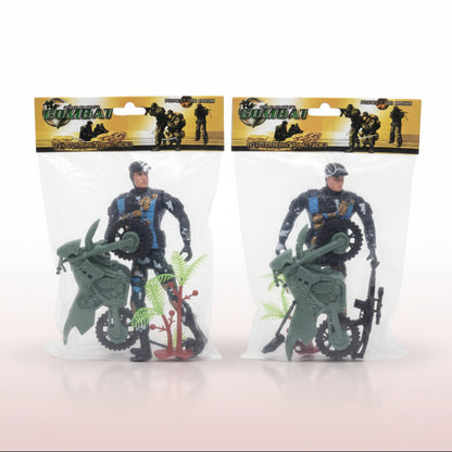 Two toy figures in packaging with a visible brand logo on a wooden surface.