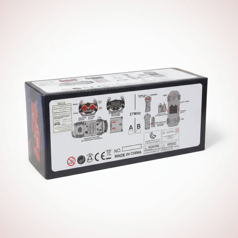 Box with technical diagrams and text on a wooden surface