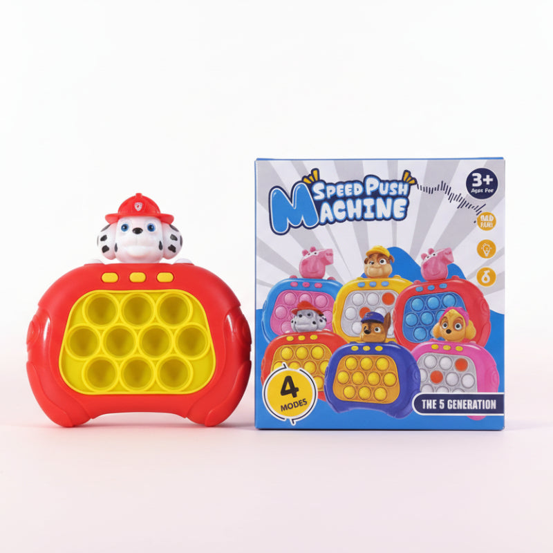 Speed Push Machine toy and its packaging on a wooden surface with a beige background